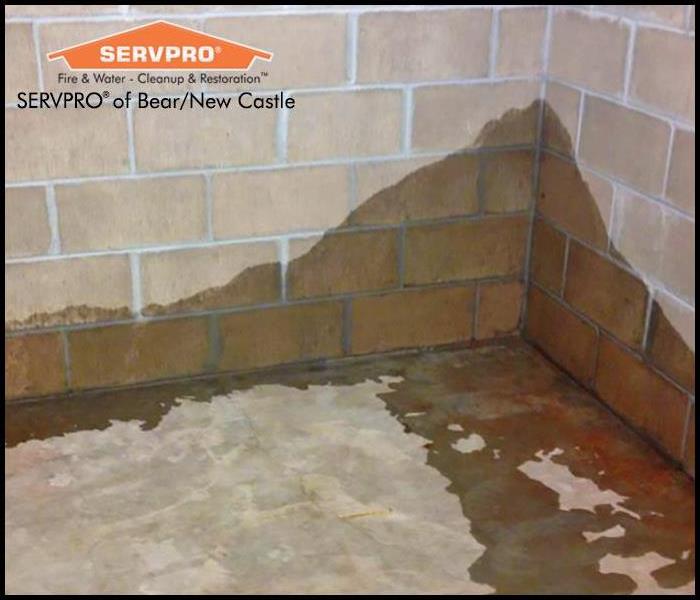 A corner of a basement with a concrete floor and brick walls, water is staining a portion of the walls and floor