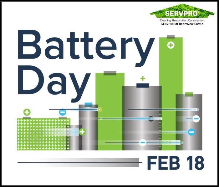 Batteries of many shapes and size against a white background with the words "Battery Day Feb 18"