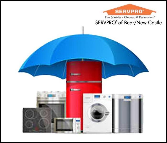 Appliances under a blue umbrella