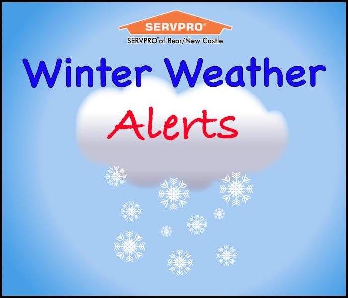 Background is light blue with a snowing cloud, the words "Winter weather alerts