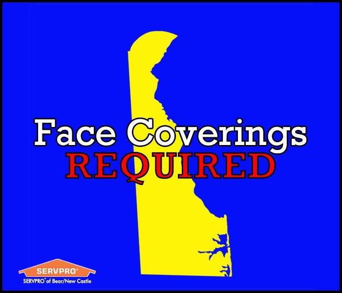Yellow silhouette of the state of Delaware against a blue background with the words "Face Coverings REQUIRED"